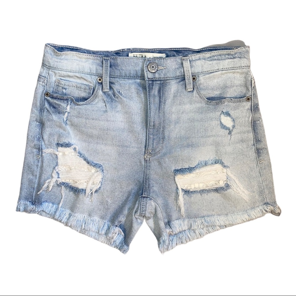 Mudd High Rise Midi distressed jean shorts